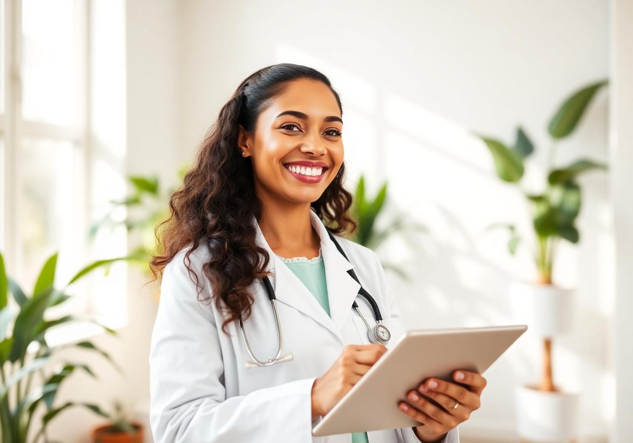 Profissional de saúde sorrindo em clínica moderna